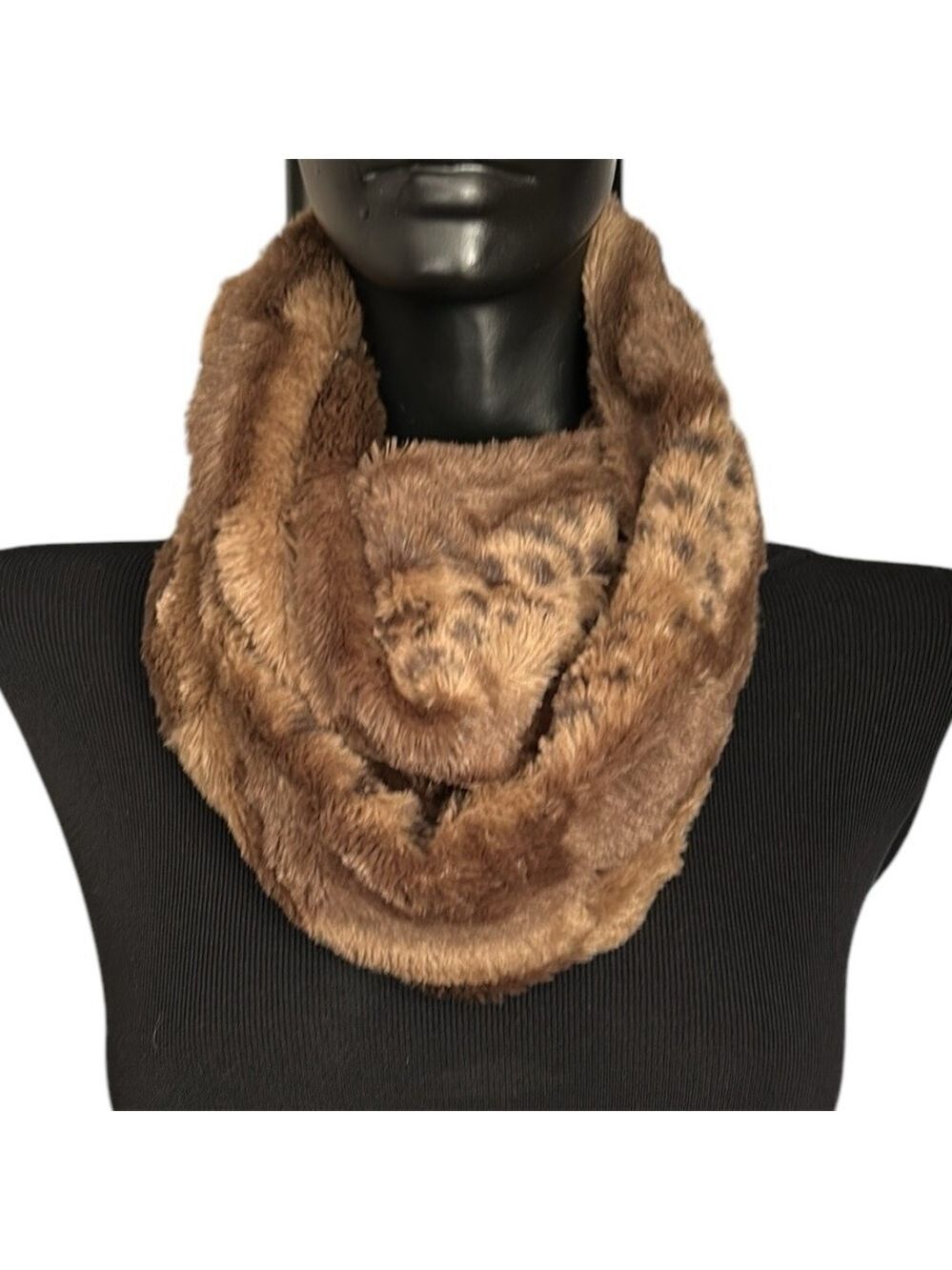 Plush Faux Fur Brown Animal Print Infinity Scarf